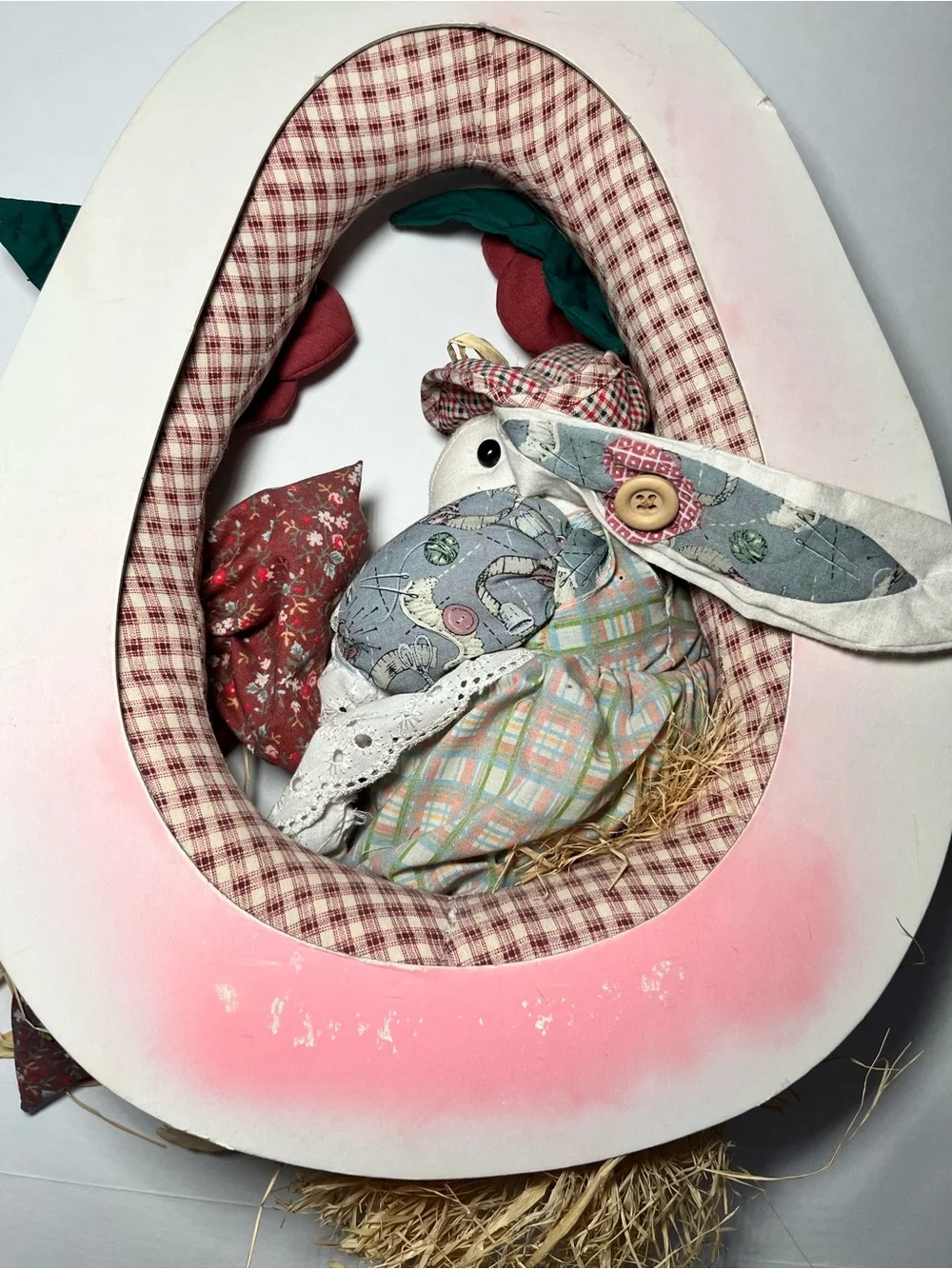 VTG Gingham Paisley Stuffed Bunny Easter Wreath County Cottage-core, Grandma